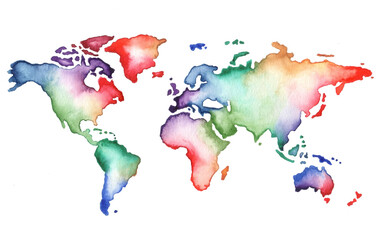 Watercolor world map illustration with transparent background, colorful artistic painting of continents for travel, design, and decoration © Franzi draws