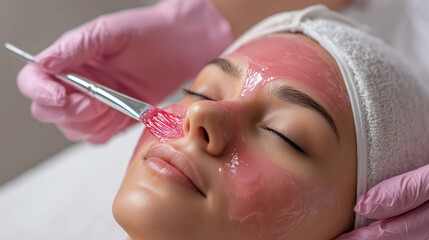 Cosmetologist applying the a jelly mask on a woman face in beauty spa center, Rejuvenating spa facial, Peeling beauty treatment, Facial treatment, Skin care concept
