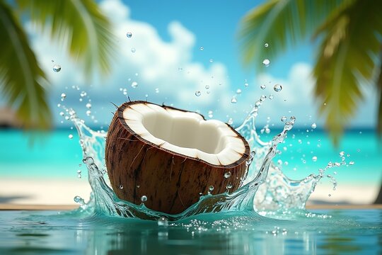 Coconut splashing into tropical ocean water with palm trees