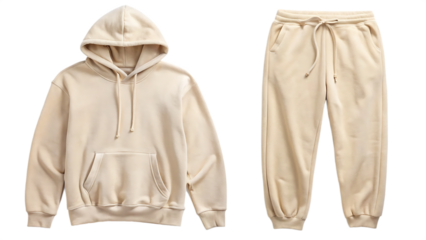 Beige hooded sweatshirt and sweatpants set isolated on transparent background