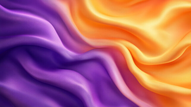 Abstract 3D wave background with bright gold and purple gradient silk fabric, smooth flowing texture symbolizing elegance, luxury, and creativity.