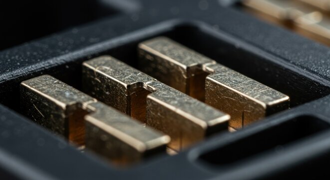 Extreme closeup of metallic pins in a black connector