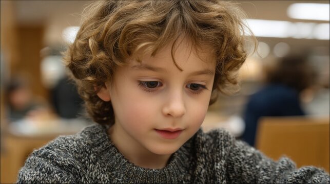 A close-up portrait of a young boy with curly brown hair, deep in thought, revealing a moment of pensive contemplation. The boy's face is a canvas of curiosity and innocence.