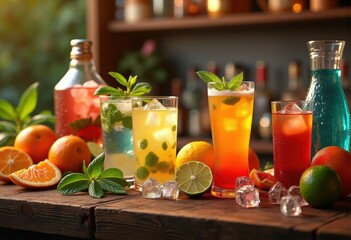 Fototapeta premium vibrant colorful cocktail ingredients aesthetic arrangement spread rustic wooden bar top perfect mixology experience, fruit, herb, liquor, glass, shaker