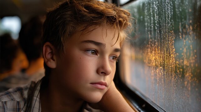 A pensive youth gazes out the rainy window of a moving vehicle, lost in contemplation amidst the somber atmosphere. - Powered by Adobe