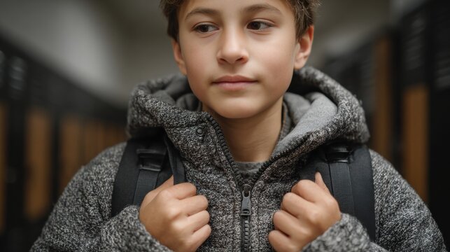 A focused young boy with a backpack gazes thoughtfully, perhaps reflecting on his day, embodying the simple life.