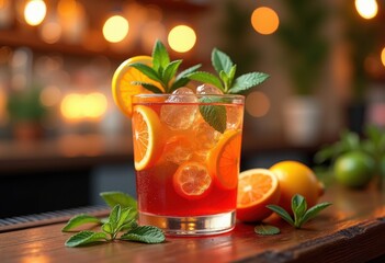 vibrant colorful cocktail refreshment garnished fresh herbs citrus delightful presentation, beverage, liquid, glass, slice, refreshing, fruit, ice, spirits