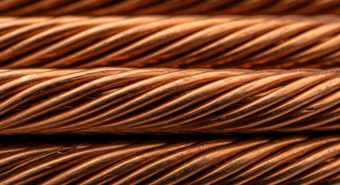 Extreme closeup of tightly twisted copper wires in parallel rows