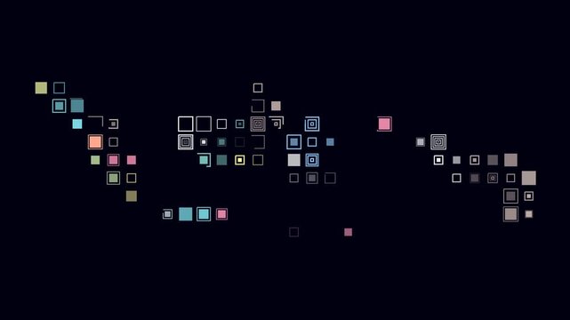 Indonesia map animation. Shape of the country with pulsating colored dots. Large size square blocks. Digital style Indonesia map on dark background. Amazing video.