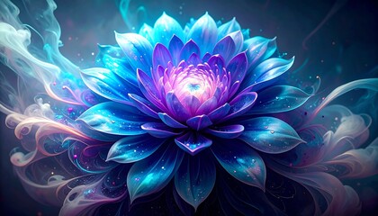 A vibrant, detailed illustration of a large flower, showcasing a gradient of blues and purples, with ethereal smoke and sparkles surrounding it.
