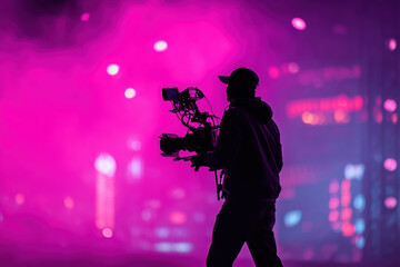 Silhouette of young man operating professional video camera rig against vibrant pink illuminated cityscape, capturing footage during nighttime urban shoot