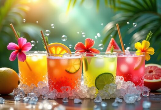 vibrant floating cocktails tropical party colorful bubbles refreshing summer drinks exotic flair bright palette, beverage, lime, pineapple, umbrella, mint, splash, ice