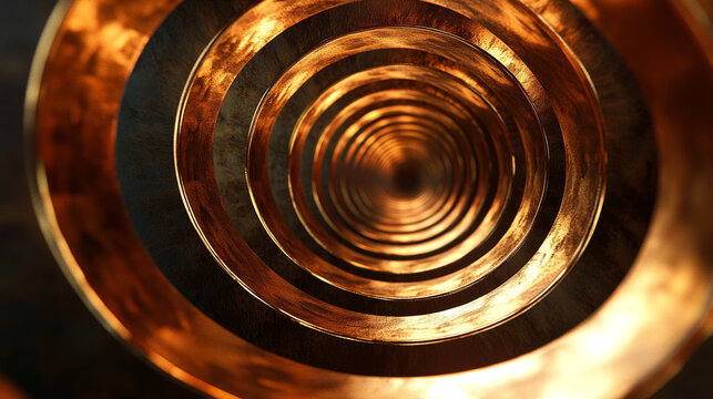 Abstract golden metal spiral on a modern background, symbolizing luxury, elegance, innovation, and futuristic design with a sleek metallic texture.