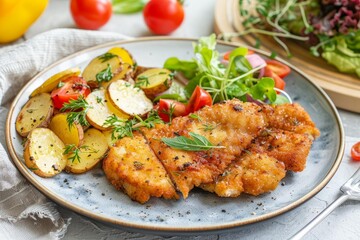 Sliced breaded chicken breast served with roasted potatoes, cherry tomatoes, and fresh green salad on a plate