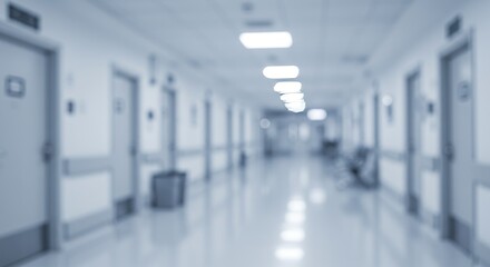 Fototapeta premium Abstract Blurred Hospital Hallway - Clean Medical Interior Design with Bright Fluorescent Glow