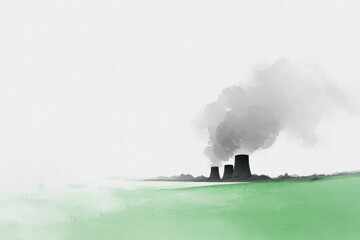 Fototapeta premium Minimalist watercolor illustration of tranquil green landscape with industrial contrast for environmental design