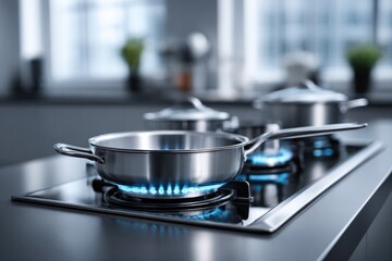 Culinary essentials: stainless steel pot on a natural gas stove with vibrant blue flames in modern kitchen design