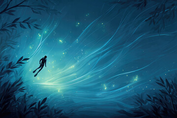 Fototapeta premium Minimalist paper cut style night dive scene with glowing swirls and diver silhouette for artistic design
