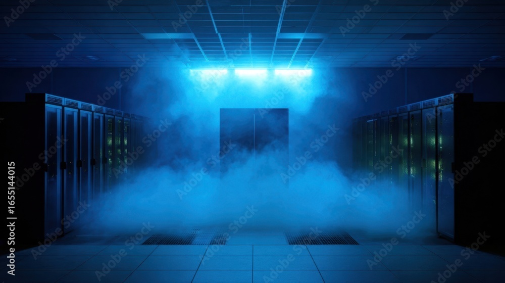 Poster server racks lining the walls of a dark room filled with smoke, illuminated by a bright blue light e