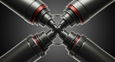 Four metallic tubes with red accents converging in a symmetrical pattern