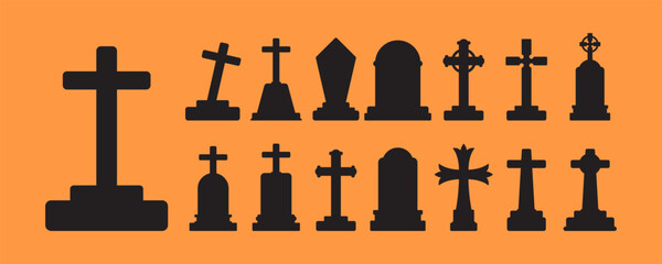 Gravestone and Cross Silhouette Collection Cemetery Tombstone Vector Set