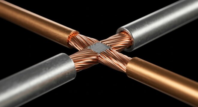 Four wires twisted together in a cross shape on a black background