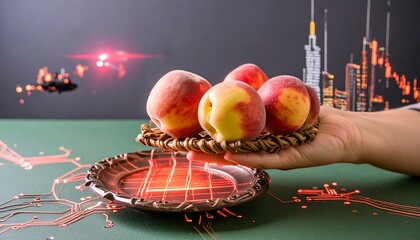 Fresh peaches rest on a decorative tray, held aloft against a backdrop of city lights and circuit patterns.