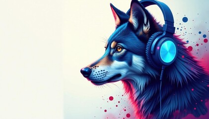 Stylized blue wolf, headphones, vibrant paint splatters, blue, design