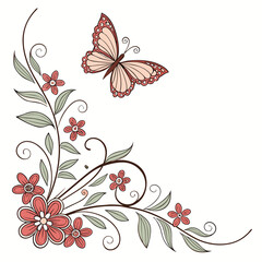 Vintage corner floral ornament with flying butterfly for greeting card