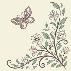 Vintage corner floral ornament with flying butterfly for greeting card
