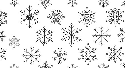 A collection of various handdrawn black outline snowflakes Doodlestyle winter ice crystal illustrations.