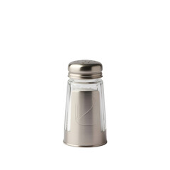 Glass salt shaker with brushed metal base and top seasoning
