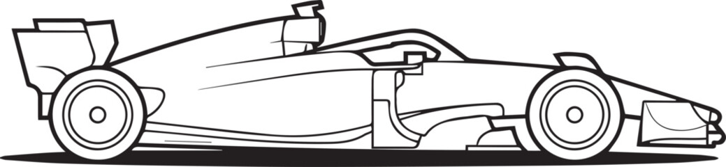 Obraz premium black and white formula 1 race car line drawing vector side view illustration showcasing aerodynamic design
