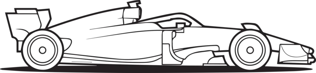 Fotobehang F1 black and white formula 1 race car line drawing vector side view illustration showcasing aerodynamic design  © AIcon Star
