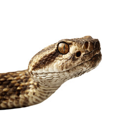 Fototapeta premium Close-up of a rattlesnake's head. Focused eye & scales against black background