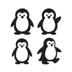 Vector art of a charming compilation of four adorable penguin illustrations, each displaying a unique pose and expression, capturing their playful nature