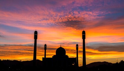Silhouetted mosque at sunset, vibrant colors paint the sky above.