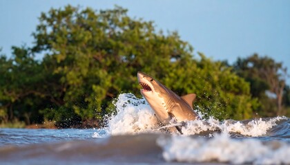 A powerful shark leaps gracefully out of the water, its jaws agape, amidst a spray of glistening white water against a backdrop of lush green trees.