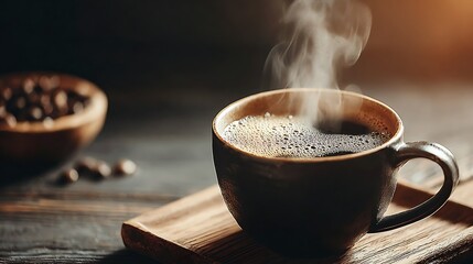 Cozy wooden table with hot coffee cup near window