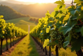 Naklejka premium vibrant vineyard rows bathed sunlight overrolling hillside landscape lush grapes golden light, nature, scenery, field, agriculture, wine, flora, terrain