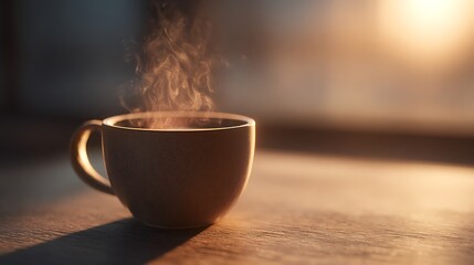 Warm sunrise light on steaming morning coffee cup scene