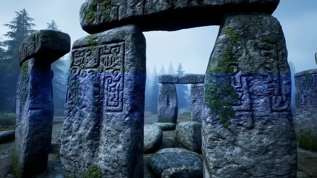 Ancient Mystical Stone Circle: Dynamic Cinematic Exploration with Glowing Blue Markings
