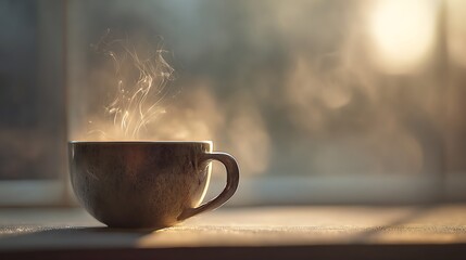 Warm sunrise light on steaming morning coffee cup scene