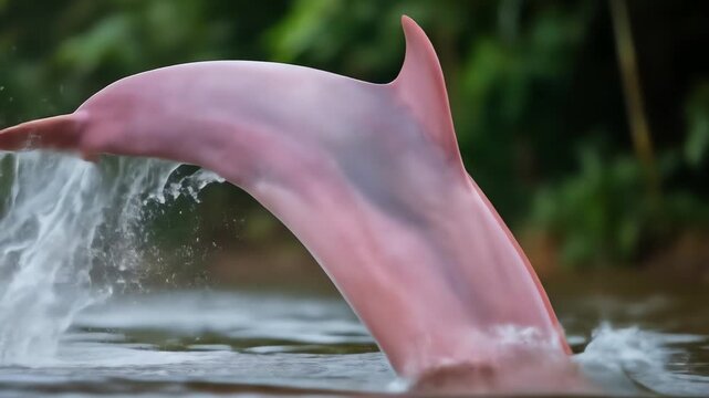 Pink dolphin leaps from water lush green foliage in background