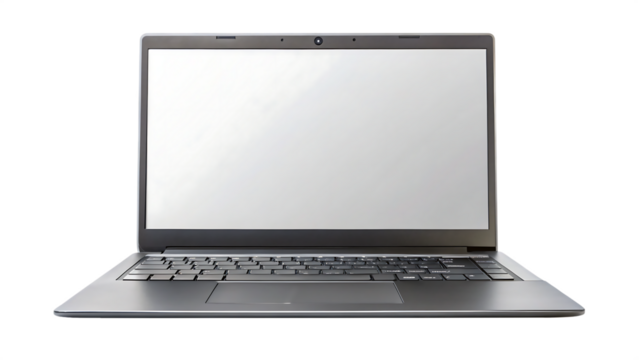 Modern laptop computer with blank screen, isolated on transparent background