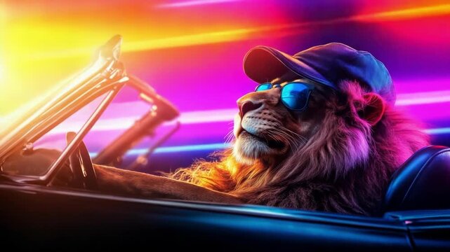 Close up of man in baseball cap and mirrored sunglasses driving convertible car through city street at night. Futuristic concept of cool animal in vehicle for advertising poster