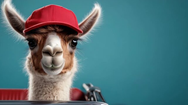 Cute young alpaca wearing red baseball cap looking directly at the camera. Funny animal portrait. Studio shot against plain blue background with copy space