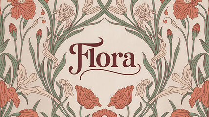 Elegant Art Nouveau floral design with 'Flora' text, evoking vintage beauty and natural charm.