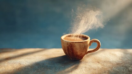 Rustic style handmade ceramic coffee cup with rising steam