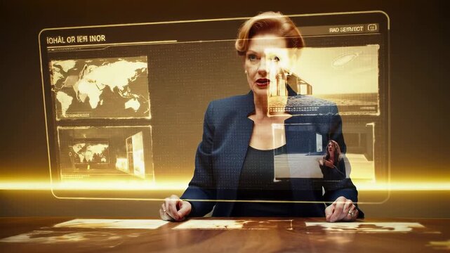 Businesswoman interacting with holographic digital interface displaying global data and world maps. Futuristic virtual reality technology for corporate presentations and analytics. - Powered by Adobe